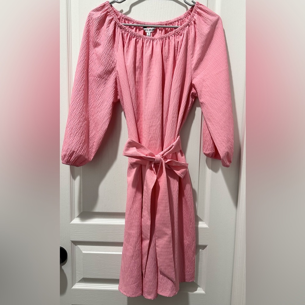 Elizabeth & James On/Off Shoulder Uptown Dayglow Peasant Belted Shift Dress Pink - Picture 3 of 10
